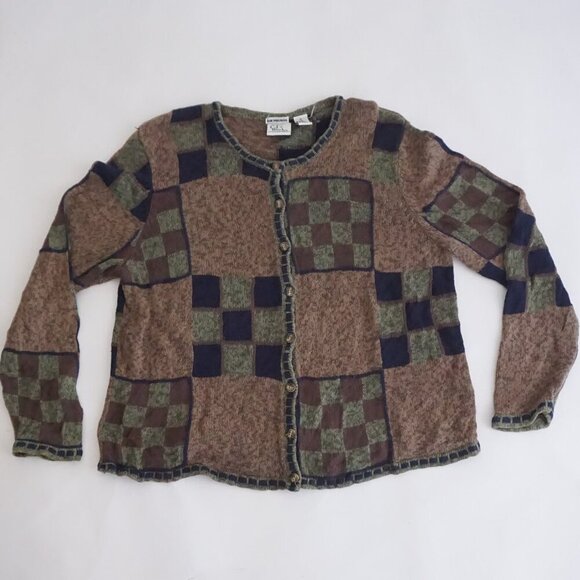 Sweaters - Vintage CJ Banks Brown Green Patchwork Knit Cardigan Cabincore Grandmacore 1X